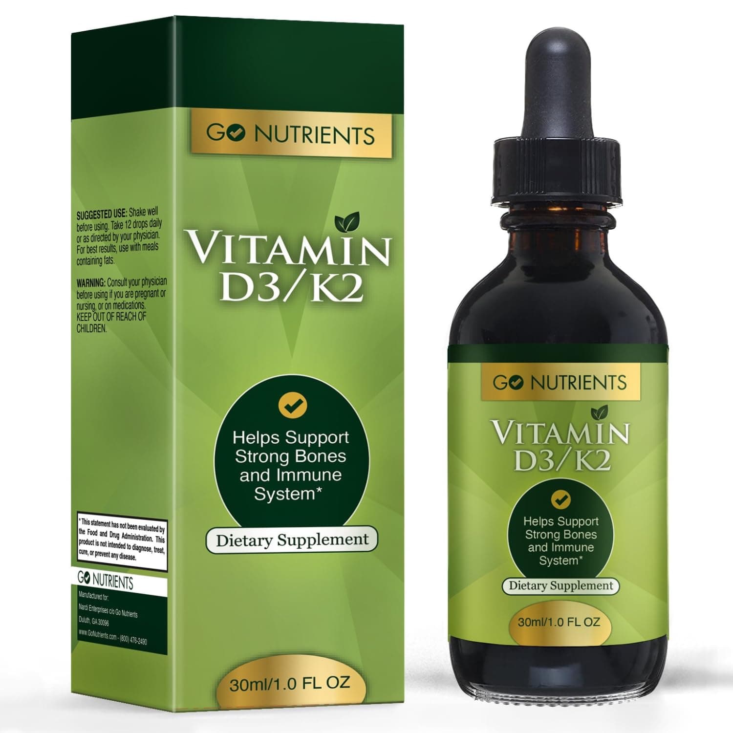 Go Nutrients Vitamin D3 K2 Drops – Liquid VIT D Supplement with MK7 for Adults & Kids – High Absorption Sublingual Support for Bone, Cardiovascular, Heart & Immune Health – 1 oz, 90 Servings