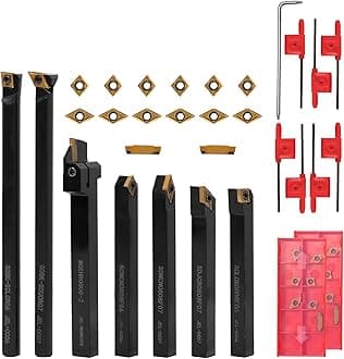 21 Pieces Lathe Turning Tool Kit, 5/16 Inch (8MM) Shanks, 7 Metal Lathe Holders and 14 Indexable Carbide Inserts for Precision Turning, Grooving, Threading, and Boring