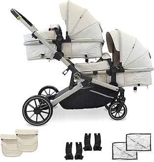 My Babiie MB33 Tandem Pushchair – Birth to 15kg Double Stroller, Twin Seat Units Convert to Carrycot, 11 Configurations, Duo Includes Car Seat Adapters, Rain Covers – Ivory