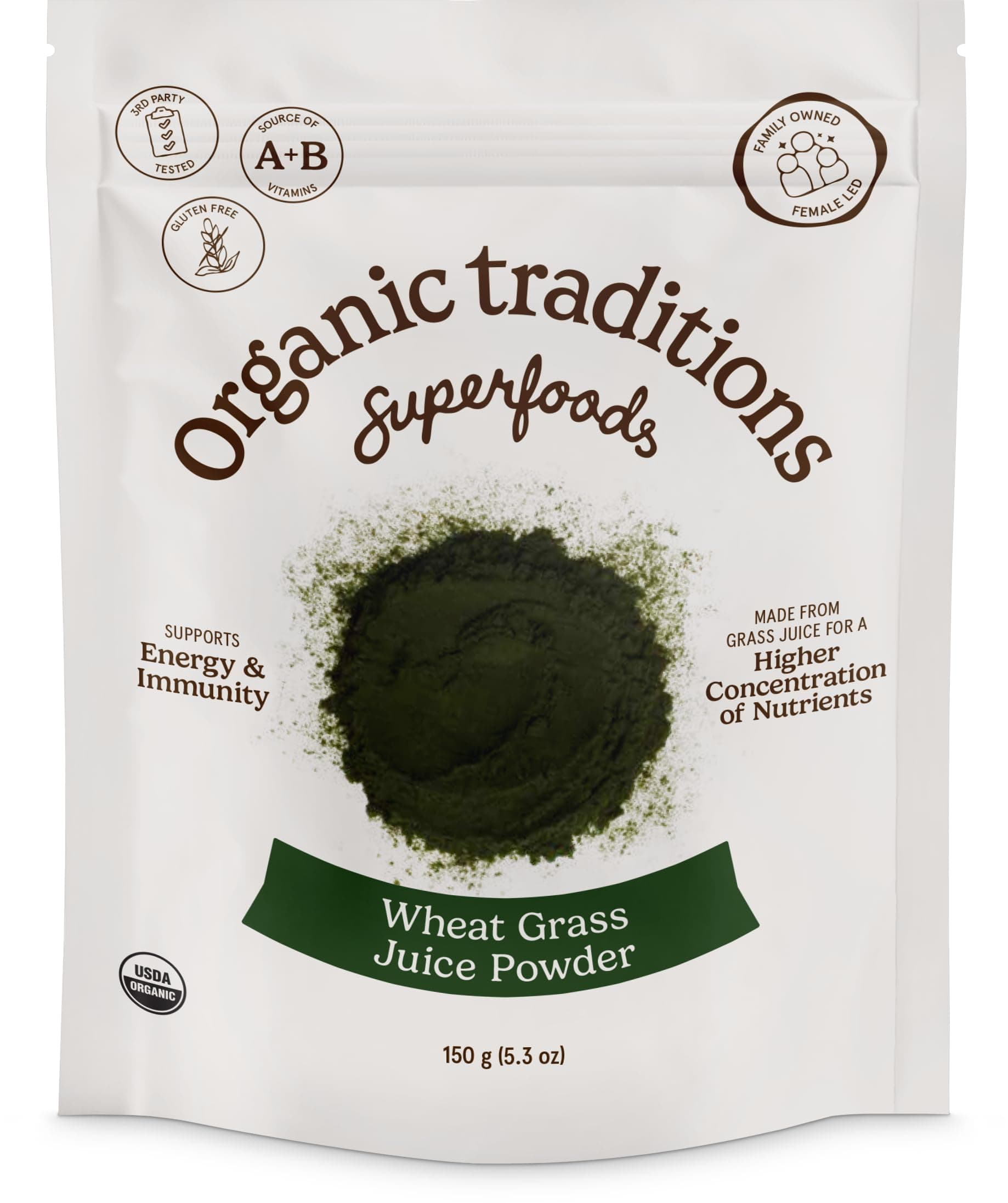 Organic Traditions Wheat Grass Powder, Organic Wheatgrass Powder for Smoothies, Vegan Superfood Greens Powder for Drinks, Fine Ground Vegan Superfood for Daily Nutrition, 150g / 5.3oz Bag, 18 Servings