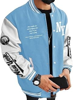 SOLY HUXMen's Varsity Jacket Color Block Letter Graphic Long Sleeve Baseball Jacket Bomber Coat