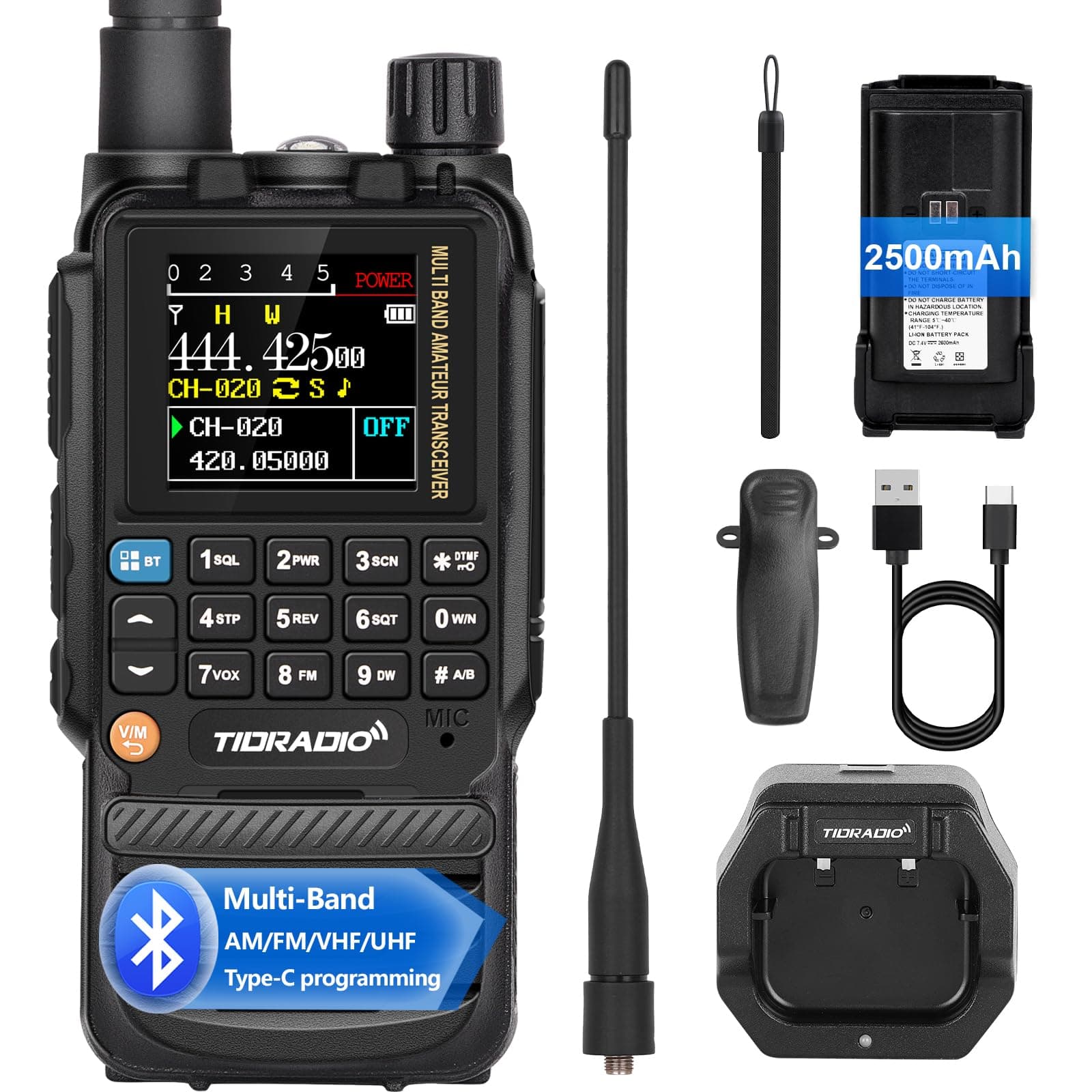 TD-H3 Ham Radio,APP/Web Bluetooth Programming, 8-Band-Air Band, Freq Copy, DTMF, NOAA Weather, 2500mAh, Long Range Walkie Talkies, Two Way Radio Communication for Emergency Camping-1Pack