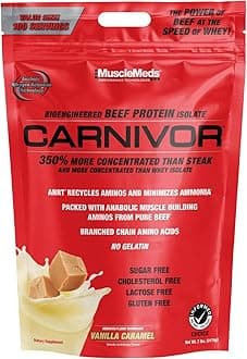 MuscleMeds Carnivor Beef Protein Isolate, 0 Lactose, 0 Sugar, 0 Fat, 0 Cholesterol, Halal Certified, Vanilla Caramel, 7 Lb, 100 Servings