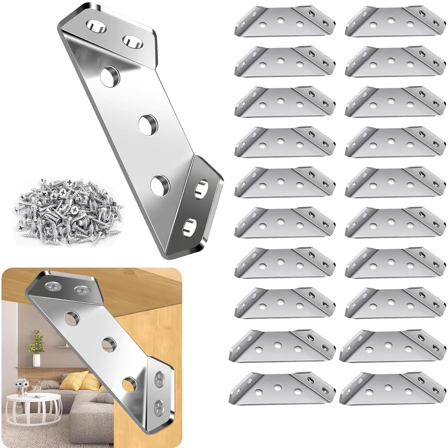 Serplex® 20Pcs Shelf Brackets with 120pcs Screws Multi Hole Brackets Stainless Steel Furniture Corner Connectors 1.1MM Thickening Heavy-Duty Triangle Brackets for Connecting, Wall Mounting