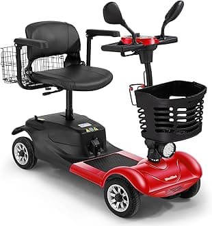 4-Wheel Foldable Mobility Scooter for Adults & Seniors - Heavy-Duty Compact Travel Scooter with Long-Lasting Battery, LED Lights, Basket & Portable Design (Red)