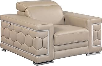 Blackjack Furniture Usry Top Grain Italian Leather Sofa Chair with Multi-Position Adjustable Headrests, Elegant Contemporary Design with Chrome Trim and Durable Wood Frame, Beige