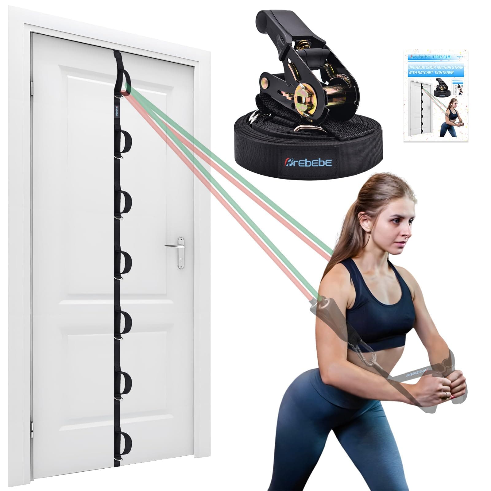 Brebebe Upgrade Door Anchor for Resistance Bands Exercise, Multi Points Anchor With 7 Loops + 7 D Rings, Home Gym Workout Equipment With Ratchet Adjust Tighten Strap, Not Loose, Sturdy