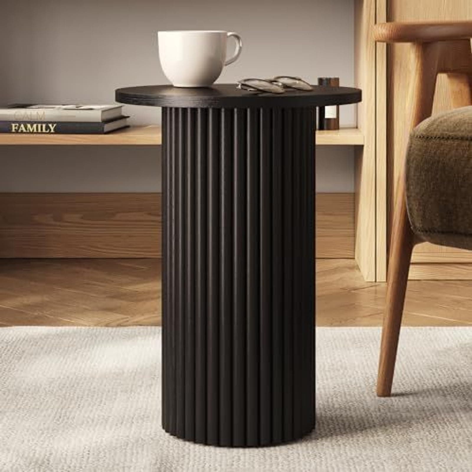 Round Fluted Accent Side Table - Slim Fluted Accent Piece for Narrow Spaces - Oak End Table for Living Room & Bedroom - 13" Round Top, Blackened Oak Finish