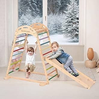 COSYLAND Indoor Playground Jungle Gym Playset for Kids, 7 in 1 Climbing Toys for Toddlers with Slide and Beech Hanging Ring,Quick Installation Sturdy Indoor Climbing Playset for Small Space (Rainbow)