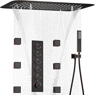 AYIVG Oil Rubbed Bronze Shower System 3 In 1 Multi Function Rainfall Waterfall Ceiling 16 X 24 Inch Shower Head Brass 5 Way Thermostatic Shower Faucet with Handheld Full Body 6 Body Jets