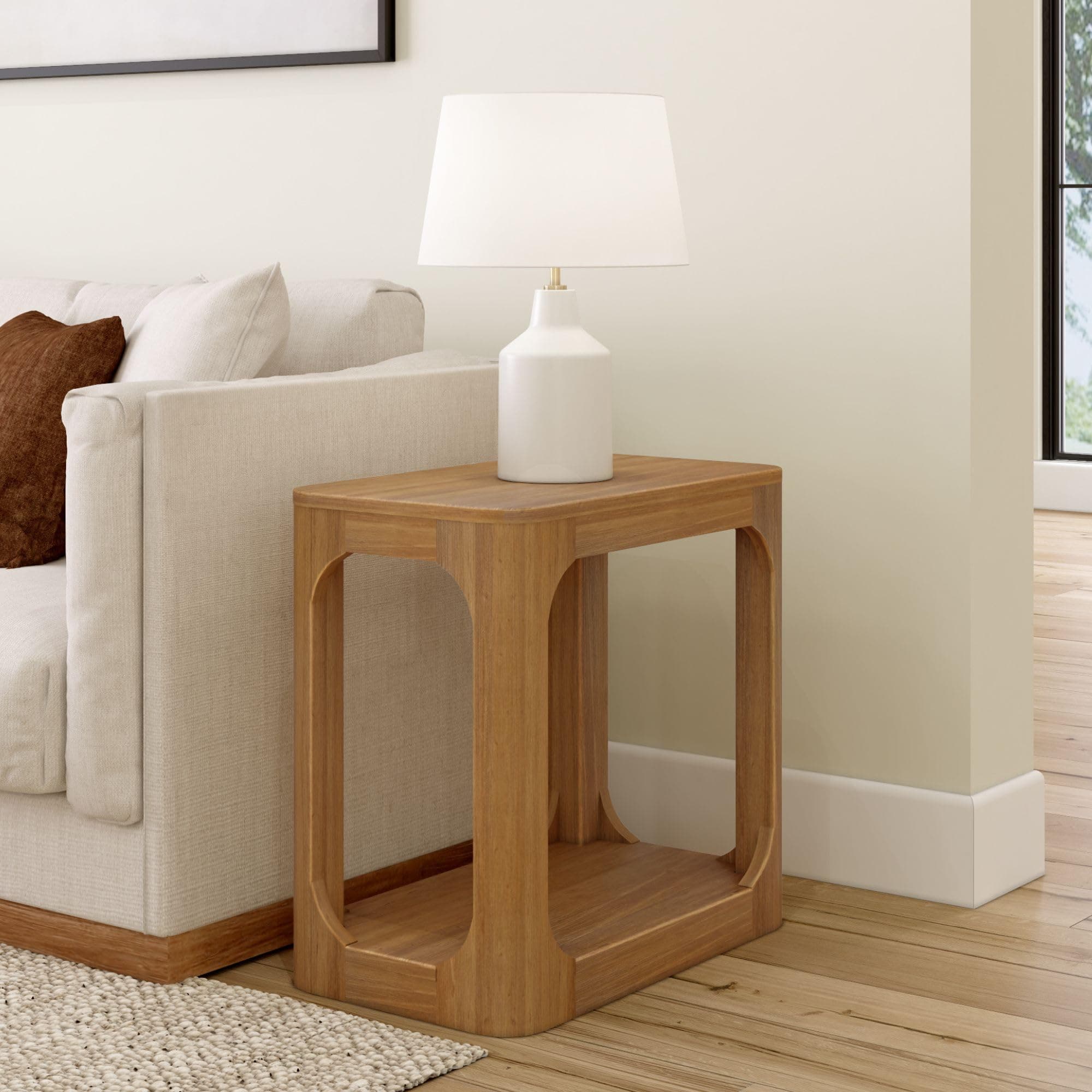 Plank+Beam Modern Rounded Rectangular Side Table with Shelf, Solid Wood End Table for Living Room, 25in, Pecan