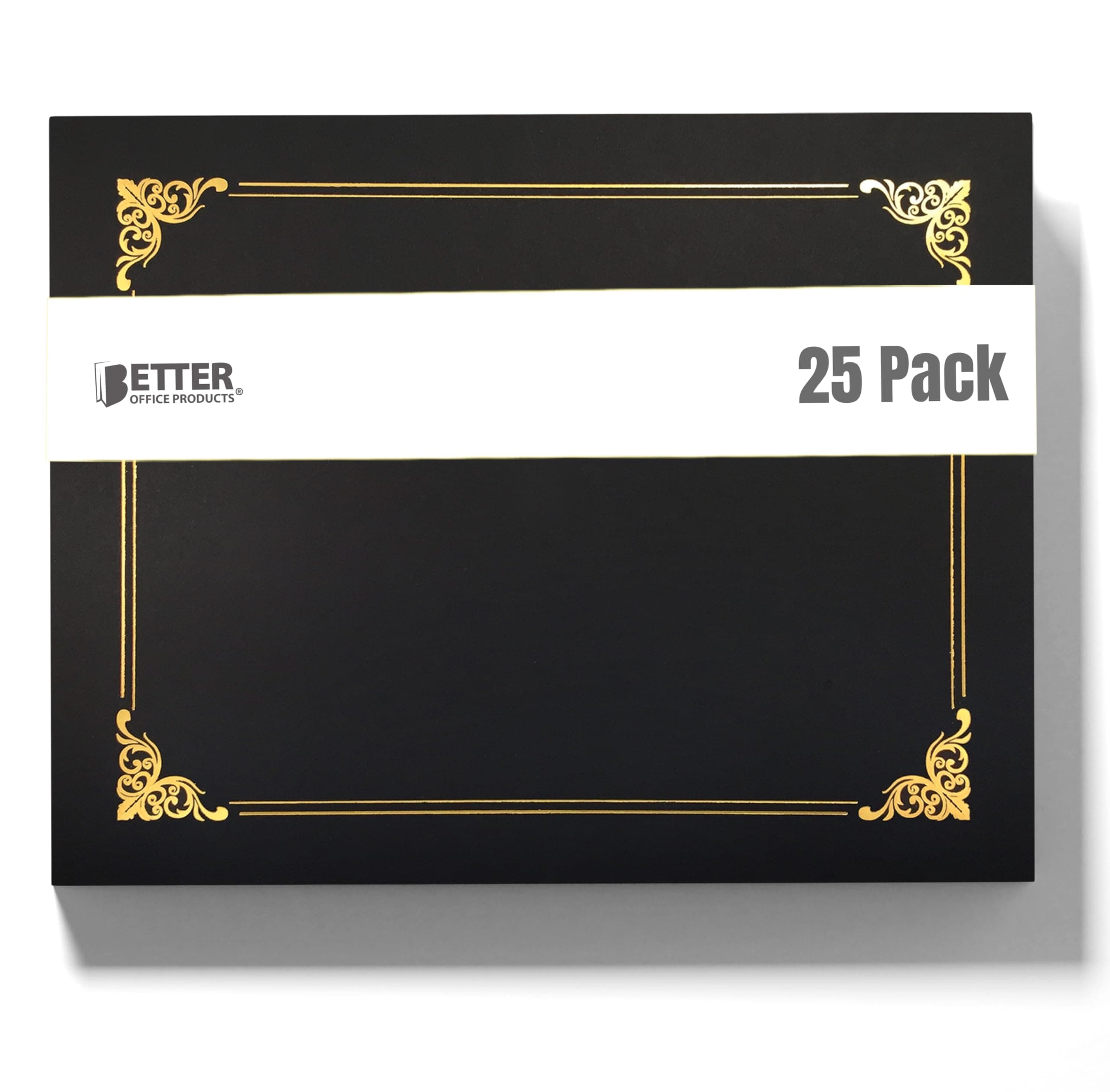 Better Office Products 25 Pack Black Certificate Holders, Diploma Holders, Document Covers with Gold Foil Border, for Letter Size Paper, 25 Count, Black