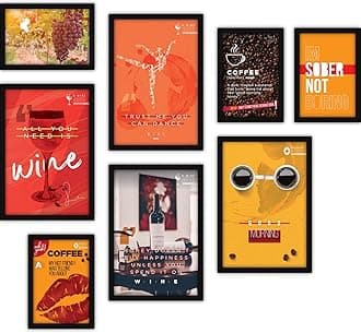 FATMUG Glass Framed Wine Wall Paintings for Room Home Decor (Multicolour, Motivational) - Set of 8