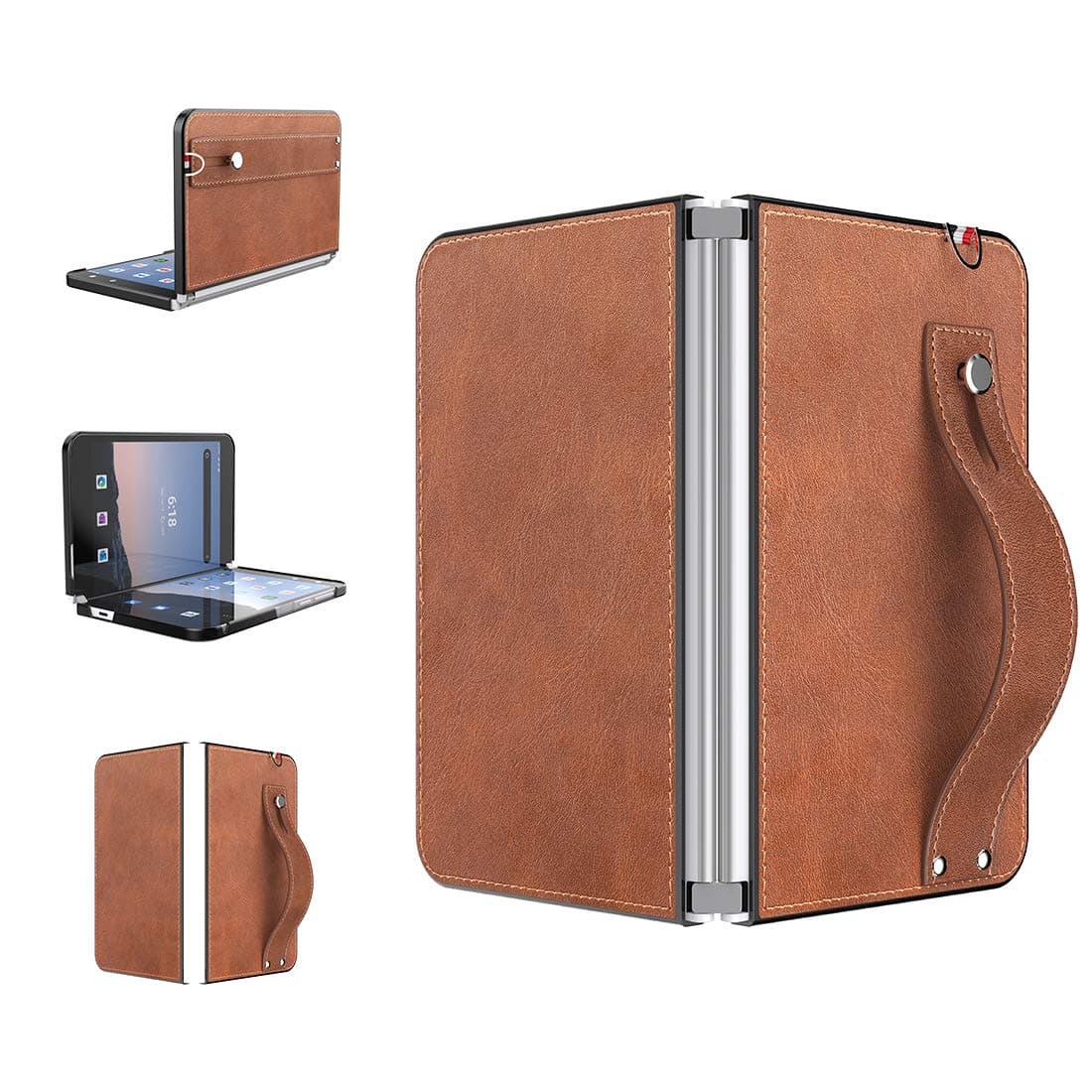 for Microsoft Surface Duo Case, Surface Duo Leather Case 2020, [Slim & Lightweight] PU Leather Back Cover Hard PC Holder with Hand Strap Protective Phone Case for Microsoft Surface Duo (Brown)