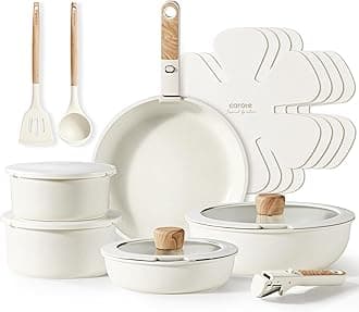 CAROTE 17pcs Pots and Pans Set, Nonstick Cookware Set Detachable Handle, Kitchen Cookware Sets Non Stick with Removable Handle, RV Cookware Set, Oven Safe, Cream