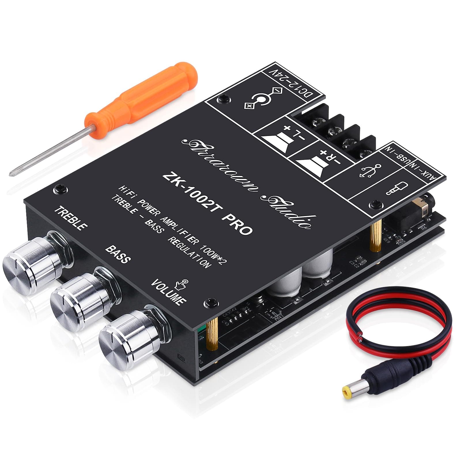 ZK-1002T Bluetooth 5.0 Amplifier Board 2.1 200W HiFi Subwoofer Audio AMP with Treble and Bass Control BT and AUX Inputs, DC 9-24V 2.0 Channel Stereo AMP Module for DIY Speakers, Password Free