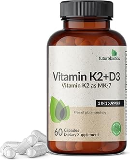 Futurebiotics Vitamin K2 (MK7) with D3 Supplement - Non-GMO Formula - 5000 IU Vitamin D3 & 90 mcg Vitamin K2 MK-7, 60 Vegetarian Capsules
