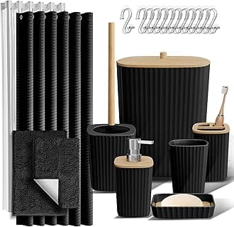 Clara Clark Bathroom Accessories Set - Bathroom Set, Bathroom Sets with Shower Curtain and Rugs, Shower Curtain Set with Bathroom Trash Can - Black - 22PC