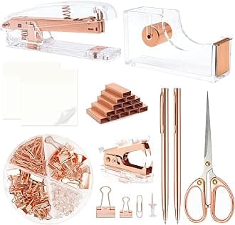 Rose Gold Office Supplies,UPIHO Rose Gold Desk Accessories,Stapler and Tape Dispenser Set with Stapler,Tape Dispenser, Staple Remover, Staples, Clips,Scissor,Pen and Sticky Notes,Gifts for Coworkers
