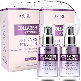 AZURE Collagen & Vitamin C Anti Aging Eye Serum - Toning, De-Puffing Serum - Reduces Wrinkles, Fine Lines & Dark Circles - Minimizes Fatigue - Skin Care Made in Korea - Pack of 2