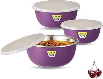 URBAN CHEF Mixing Bowl Set of 3 Stainless Steel (500ml, 800ml,1250ml) | Microwave Safe & Dishwasher Safe | Bowl Set with Lid for Gift | Bowls for Snacks | Serving Bowls Kitchen Accessories -Purple