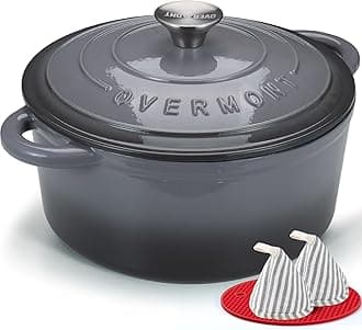 Overmont 24cm/4.2L Enamelled Cast Iron Round Casserole Pot With Lid Cookbook & Cotton Potholders - Non-stick Dutch Oven Cookware for Braising, Stews, Roasting, Bread Baking - Grey, 4.5QT