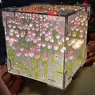 Handmade DIY Tulip Night Lamp, Cube Mirror Bedroom Tulip Night Lamp, 20 Flower Table Lamp and Mirror 2 in 1, Birthday Gifts for Women and Girls (Pink Tulips)