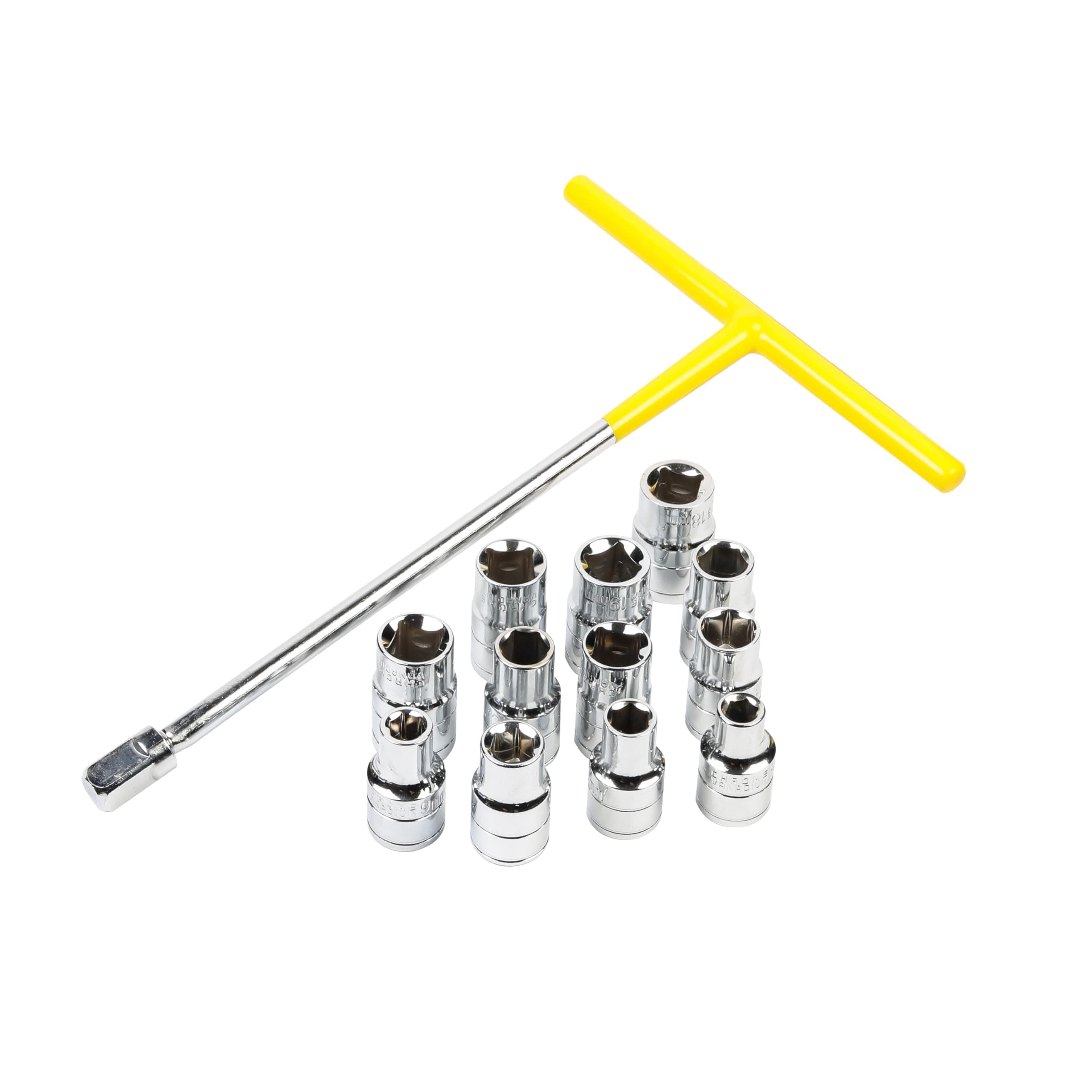 SPARTAN 13 in 1 T Handle 1/2" Socket Tool Set (8–19 mm) | Heavy Duty Steel Socket Wrench Set with Comfortable Grip T Handle | Ideal for Bike, Scooter, Home Repair, DIY, Garage & Mechanic Use