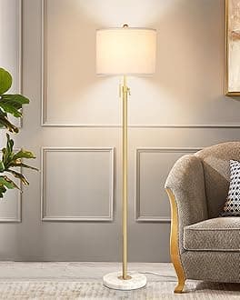 【Upgrade】Gold Floor Lamps for Living Room, 55"-67" Height Adjustable Modern Standing Lamp with Marble Base, Pull Chain Switch, 3-Way Dimmable Tall Pole Lamp for Bedroom Office Reading, Bulb Included