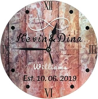 Nsipan Personalized Vintage Wooden Texture Wall Clock, 9.84" x 9.84", Unisex, Analog, Customizable with Family/Last Name and Anniversary Date