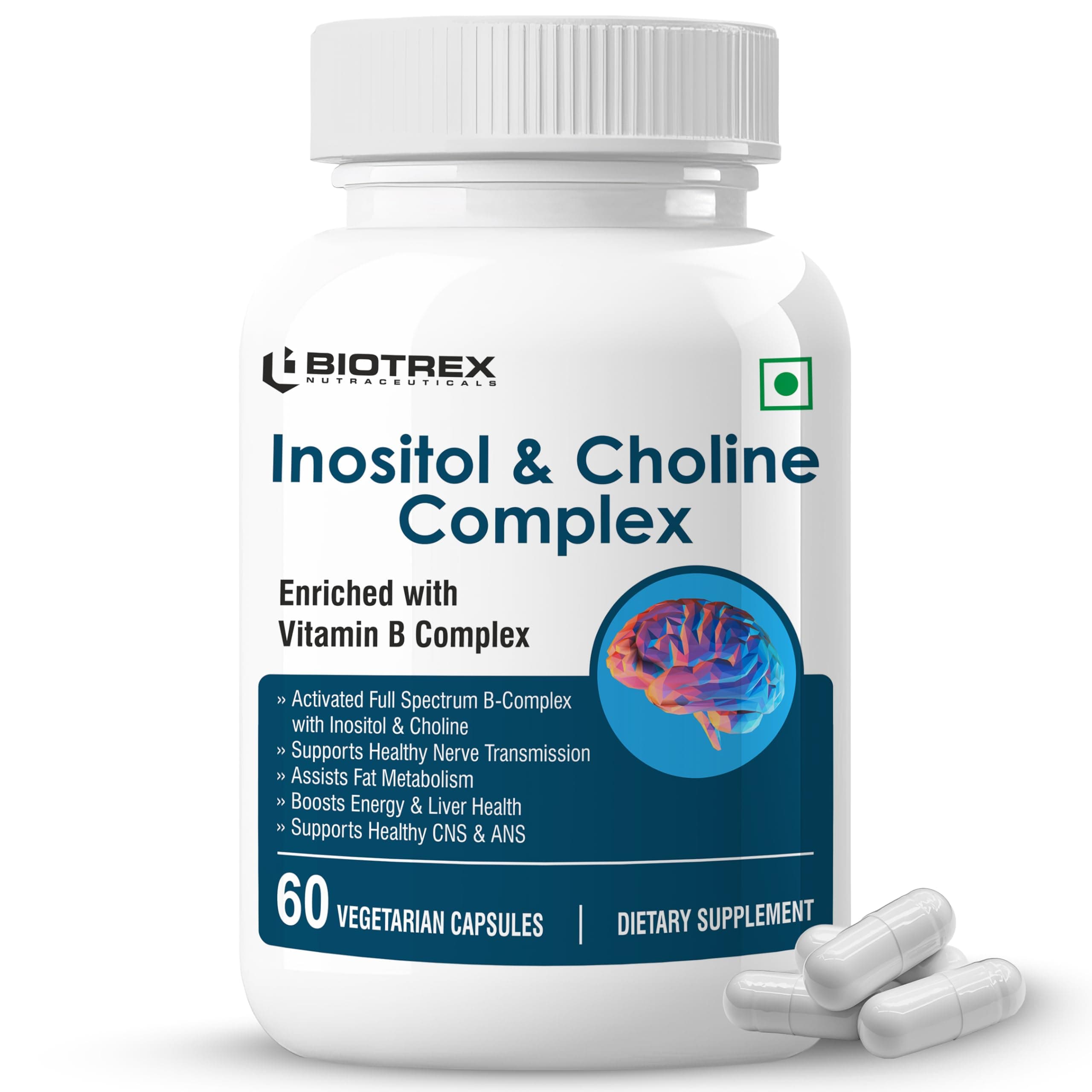 Biotrex Nutraceuticals Inositol and Choline With Vitamin B Complex (B1, B2, B3, B5, B6, B7, B9 & B12) | High Purity Nutrients | Brain & Nerve Function | Better Motor Signal | Lab Tested | 60 Veg Capsules