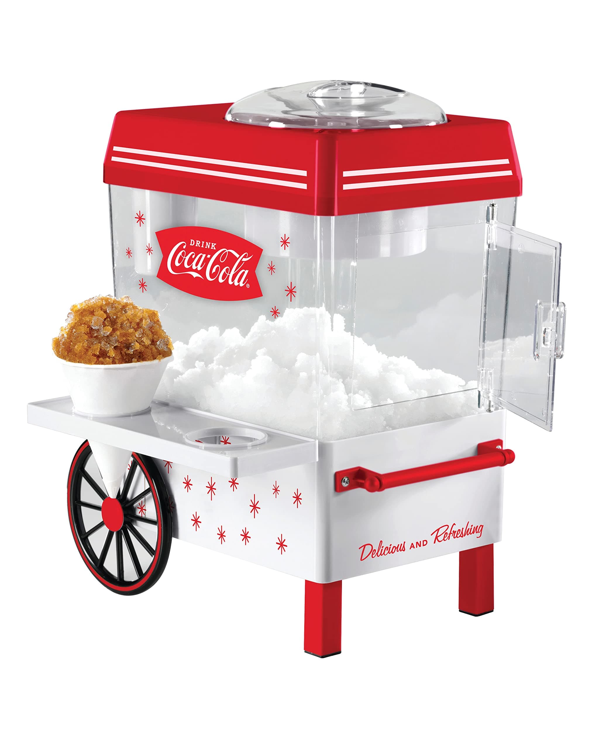 Coca-Cola Snow Cone Shaved Ice Machine - Coke Retro Table-Top Slushie Machine Makes 20 Icy Treats - Includes 2 Reusable Plastic Cups & Ice Scoop - White & Red