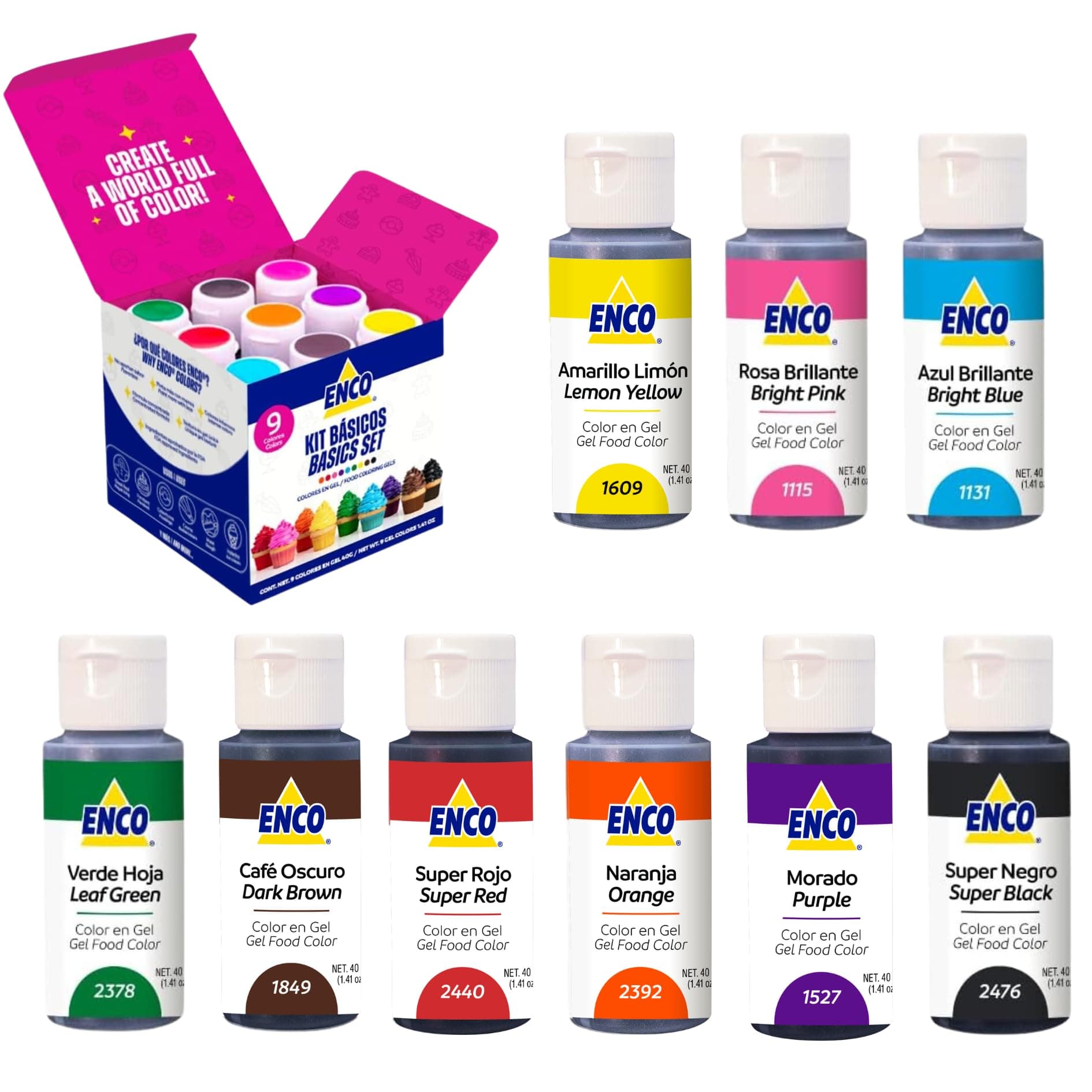 ENCO 9 Basic Food Coloring Gel Set 1.41 oz each (40 g) Concentrated, Vegan, Includes Color Mixing Guide