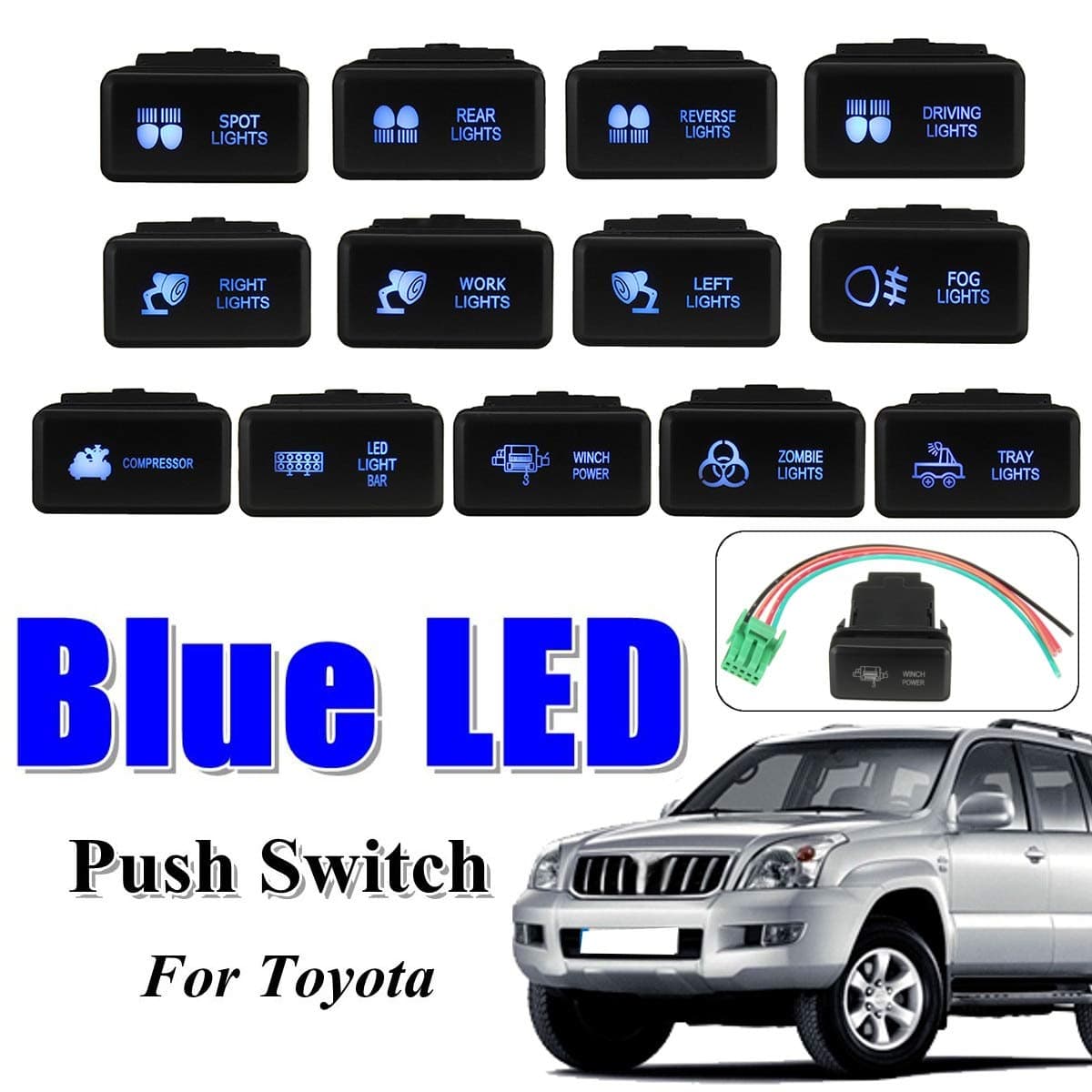 12V Blue LED Push Switch 5 Pin On Off Button Laser w/Connector Wire For Toyota Prado HiAce Hilux Landcruiser 1998-2015