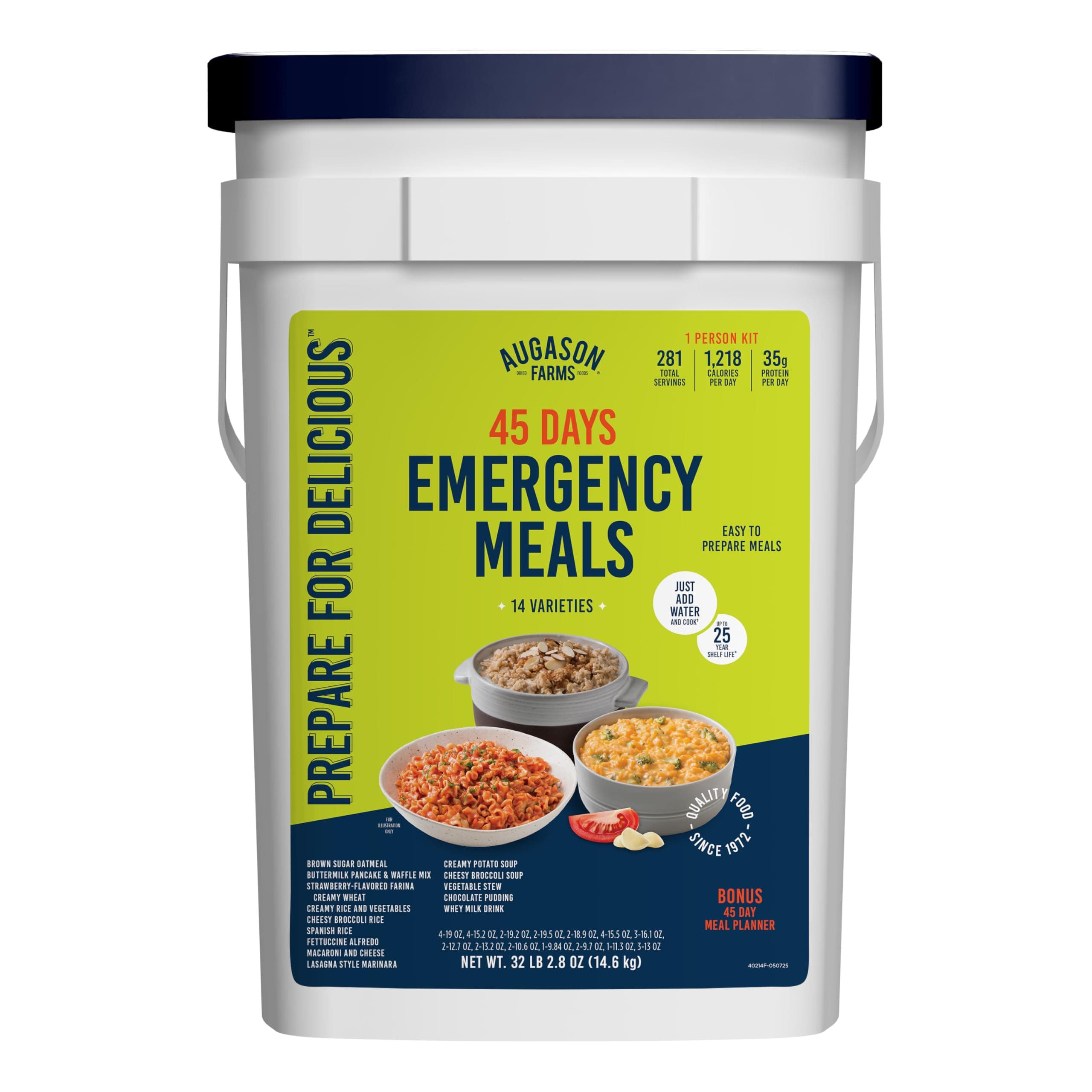 AUGASON FARMS Emergency Food Supply Bucket, 307 Servings, Dehydrated Meal Kit, Variety Pail, Long Shelf Life Just-Add-Water Meals for Prepping, Disaster Survival, Camping, Hiking, and More