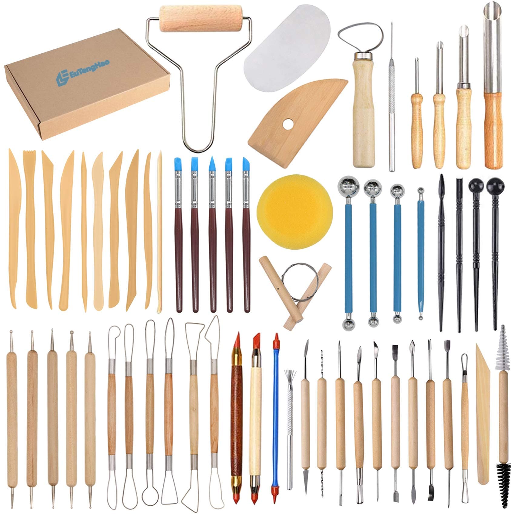 EuTengHao 61Pcs Ceramic Clay Tools Kit Pottery Tools Clay Sculpting Shapers Carving Tool Set Contains Most Essential Wooden Clay Tools for Potters Beginners
