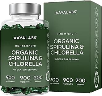 AAVALABS Chlorella Powder and Spirulina Powder [ 1800 mg ] - 200 Powdered Chlorophyll Tablets - High Strenght Blue Spirulina Powder and Chlorella Tablets - 100% Vegan Spirulina Capsules