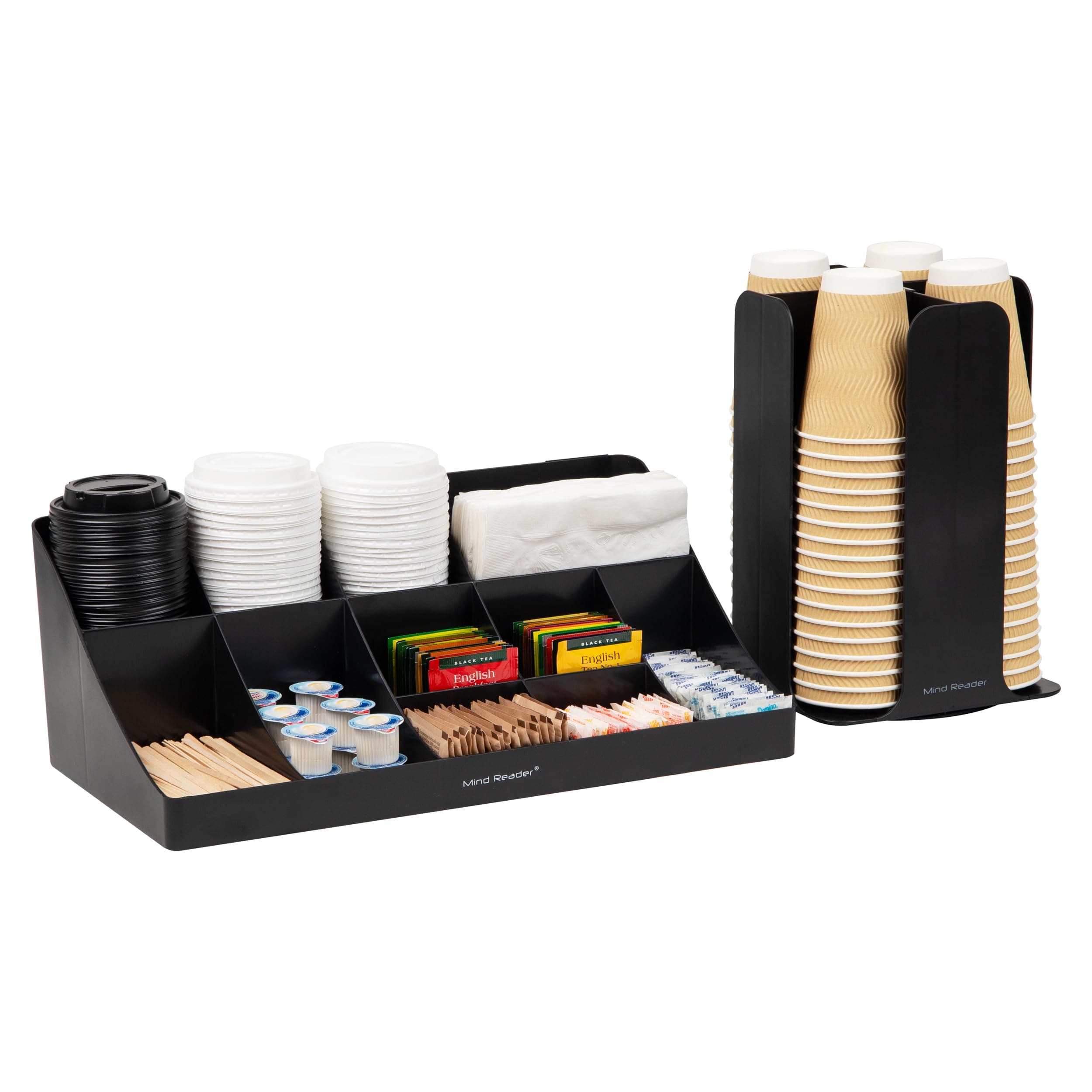 Mind Reader Cup Carousel and Condiment Organizer Set, Countertop Org, Coffee Bar, 7.75"L x 7.75"W x 11.5"H, 2 Pcs., Black