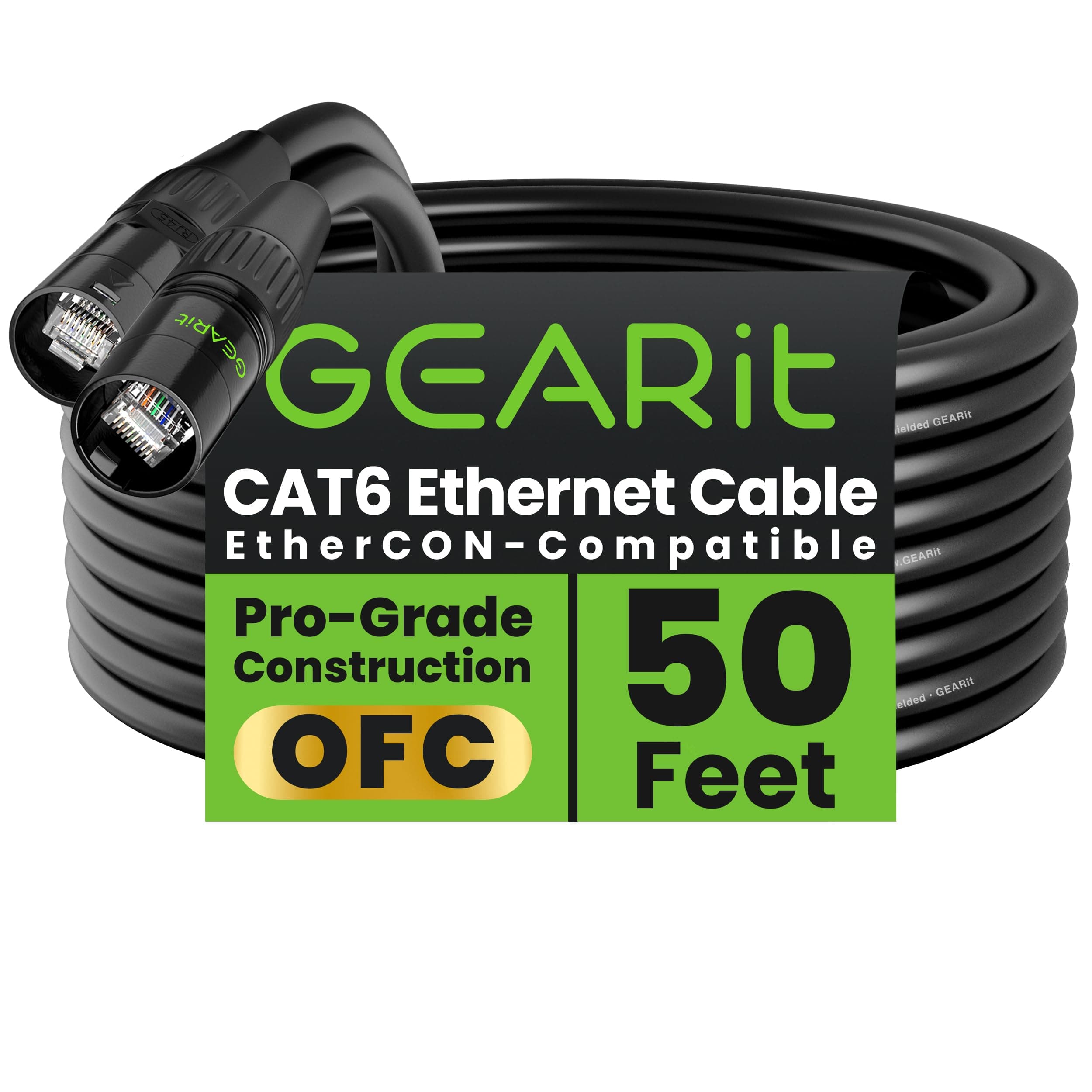 GEARit Shielded CAT6 Ethercon Cable (50 Feet) Professional Audio & Lighting RJ45 EtherCON-Compatible Cable for Studio, Stage, Concerts - 50ft Black