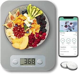 URAMAZ (Grey) - Smart Food Scale, Digital Kitchen Scale for Food Ounces and Grammes with Nutritional Analysis APP, Bluetooth Food Calorie Scale for Weight Loss, Macro, Keto WW Diet, Baking, Cooking
