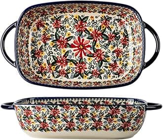 Red Daisy Flower Vintage Style Ceramic Bakeware Casserole Dish Baking Pan Lasagna Pans Baking Dish with Handles for Oven/Cooking/Kitchen-1 PCS, 60 OZ