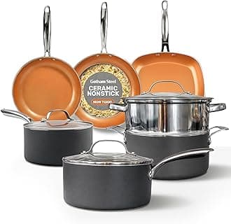 Gotham Steel 12 Pc Ceramic Pots and Pans Set Non Stick, Kitchen Cookware Sets, Pot and Pan Set, Ceramic Cookware Set, Non Toxic Cookware Set, Non Stick Pots and Pan Set, Oven Dishwasher Safe - Copper