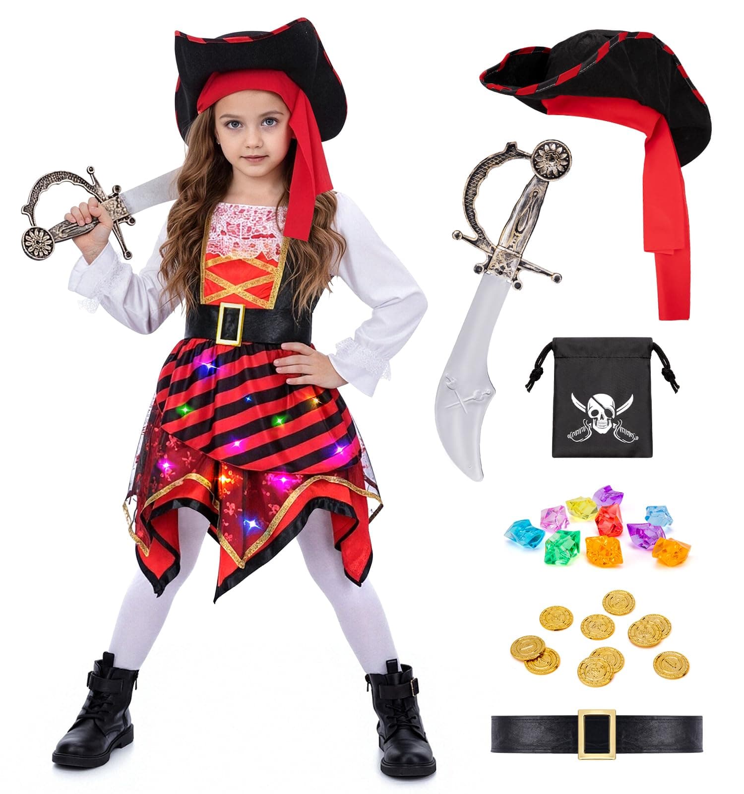 MELAND Pirate Costume Kids, Light up Fancy Dress up with Pirate Hat for Girls Aged 3-10 Years, World Book Day Costumes for Kids & Toddlers