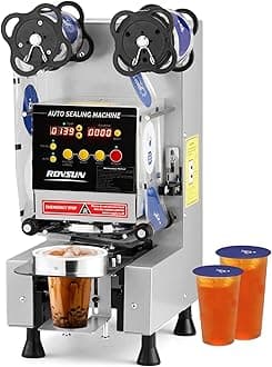 ROVSUN Cup Sealing Machine Full Automatic, Electric Cup Sealer with Intelligent Display, Bubble Tea Machine 88/89/90/95 mm, 500-650 Cups/H for Bubble Milk Tea Coffee,Silver