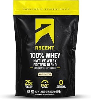 - Ascent 100% Whey Protein Powder - Post Workout Whey Protein Isolate, Zero Artificial Flavors & Sweeteners, Soy & Gluten Free, 5.5g BCAA, 2.6g Leucine, Essential Amino Acids, Vanilla Bean 2 lb