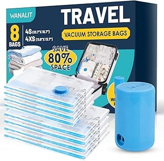 Vacuum Storage Bags for Travel, 8 Pack (4S+4XS) Vacuum Seal Bags with Wireless Rechargeable Electric Pump, Travel Essentials Space Saving Compression Bag for Clothes, Luggage, Suitcase, Backpack, Trip