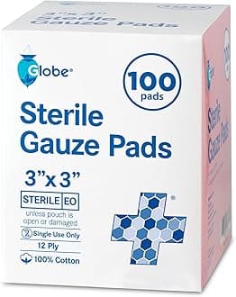 Globe 3'' x 3'' Advanced Sterile Gauze Pads, 100-Pack Individually Packed - 12-Ply Cotton for Wound Care Dressing, Highly Absorbent Bandages for Home & Emergency Use - Travel & First Aid Kit Essential