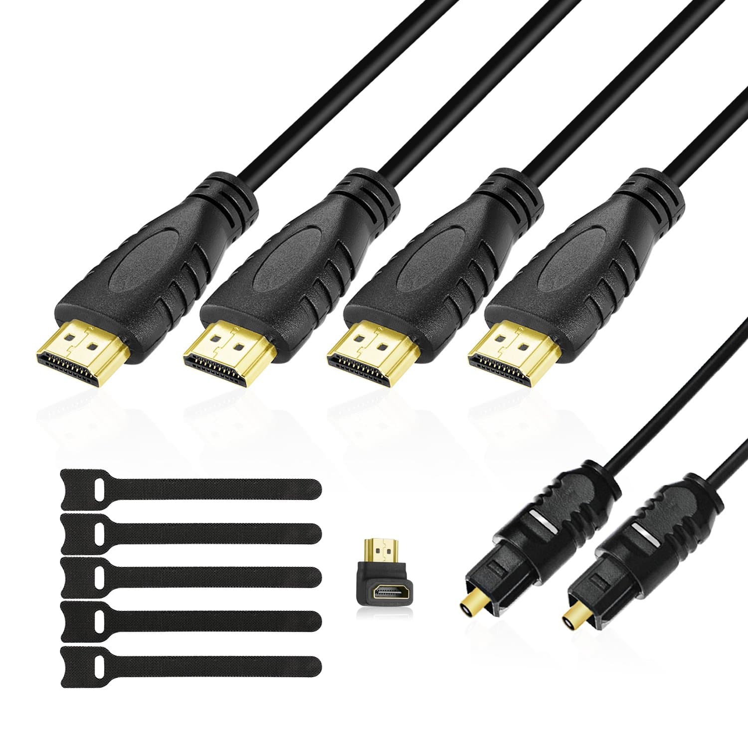 High Speed HDMI Cable 6ft 4 Pack - Widely Compatible HDMI Cords+ Right Angle Adapter + 5 x Cable Ties (Supports Ethernet, 1080P, 3D and Audio Return)
