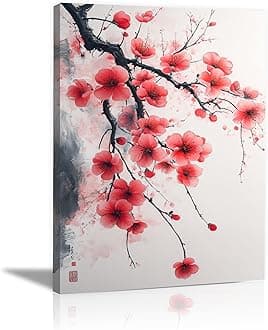 TERUEA Minimalist Abstract Floral Painting on Canvas Living Room Bedroom Home Wall Decor Chinese style peach blossom painting Canvas Prints for Living Room and Bedroom Abstract(pink)-60x90cm Framed