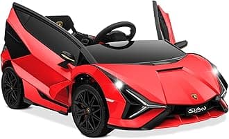 KidzoneKids Electric Ride On 12V Licensed Lamborghini Sian Roadster Battery Powered Sports Car Toy with 2 Speeds, Parent Control, Sound System, LED Headlights & Hydraulic Doors - Red